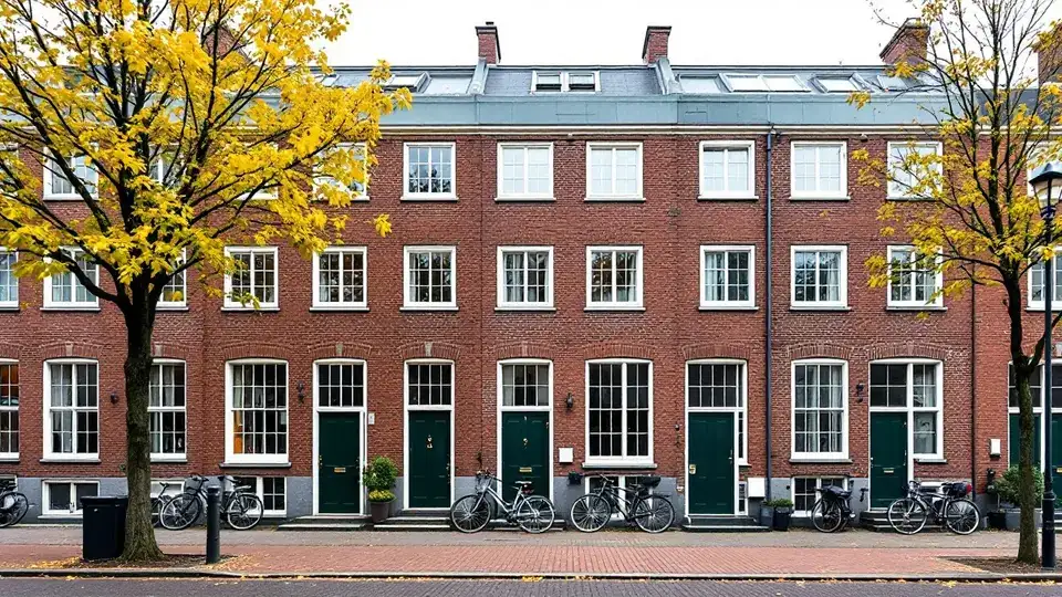 Een portiekblok van rode baksteen uit de jaren dertig met witte kozijnen, groene voordeuren en fietsen op de klinkerstoep