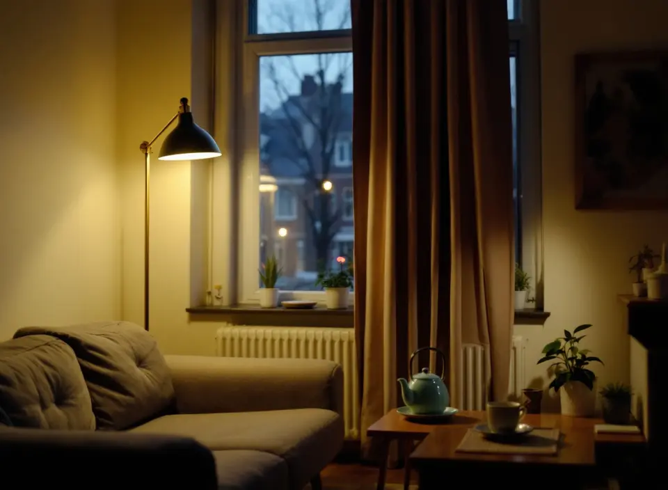 Een rustige woonkamer in een huurappartement in de avond, met een bank, een staande lamp en een radiator onder het raam