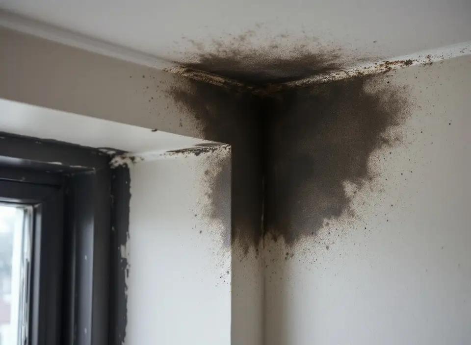 Zwarte schimmel in de hoek van een plafond, vlak naast een raamkozijn