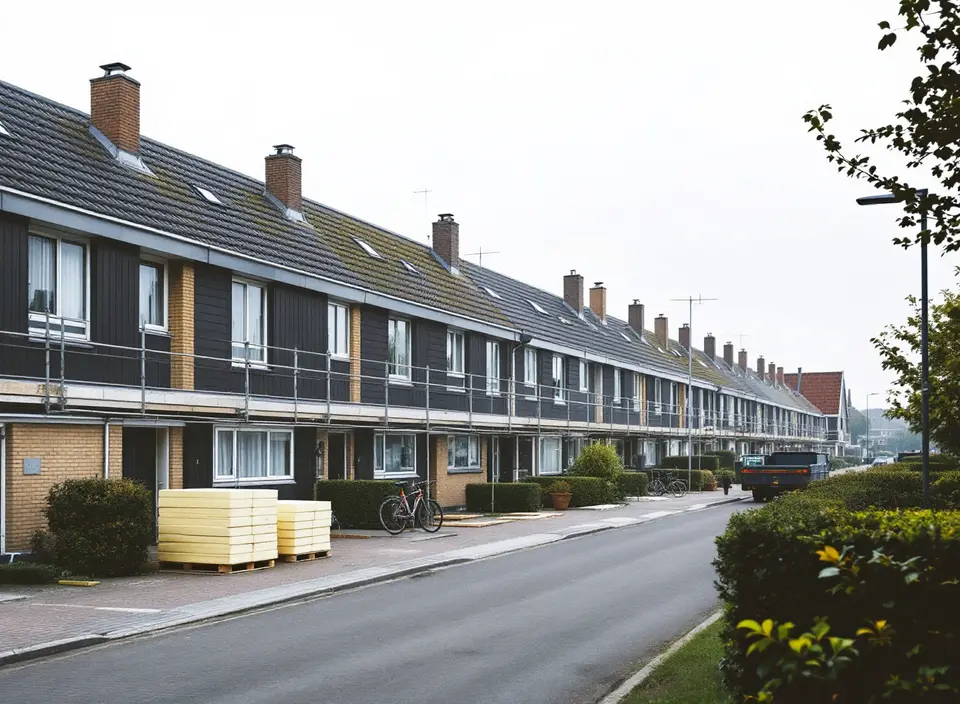 Een lange rij huurwoningen uit de jaren zeventig met houten gevelbetimmering, een steiger langs de bovenverdieping en pallets met isolatieplaten op de stoep